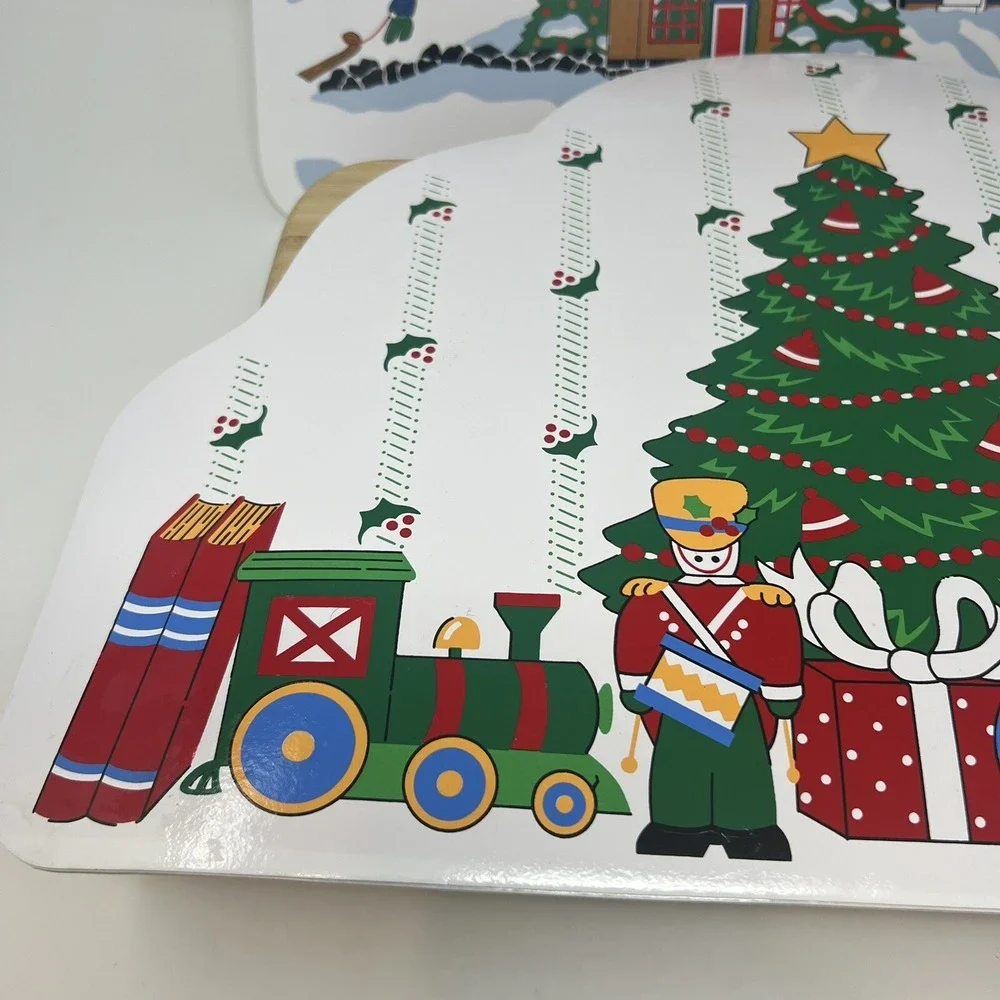 Vintage Lot 5 Vinyl Christmas Placemats Holiday Houses Trees Sledding Train 1989 - Picture 6 of 7